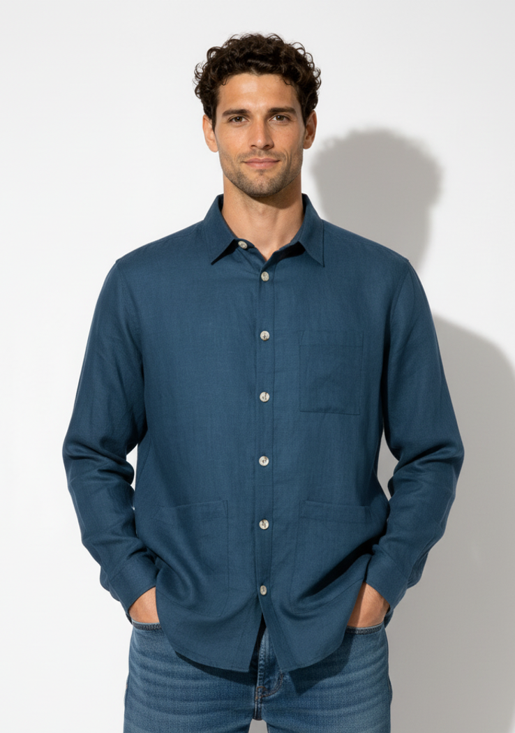 Secondary product image for "Three Pocket Linneskjorta Marinblå Unisex"