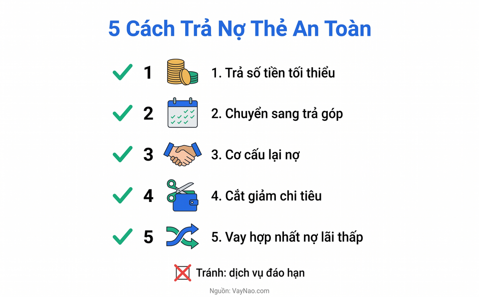 Infographic 5 cách trả nợ thẻ tín dụng an toàn khi chưa đủ tiền thay vì đáo hạn