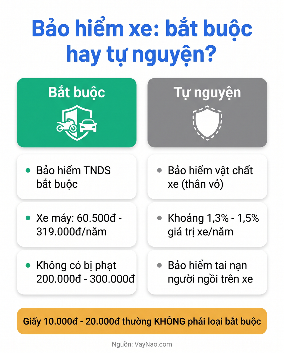 Infographic phân biệt bảo hiểm xe bắt buộc TNDS và bảo hiểm tự nguyện thân vỏ, kèm mức phí và mức phạt 2026