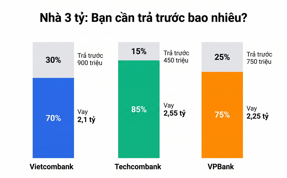 So sánh số tiền trả trước khi vay mua nhà: Vietcombank LTV 70% vs Techcombank LTV 85% - nhà 3 tỷ đồng