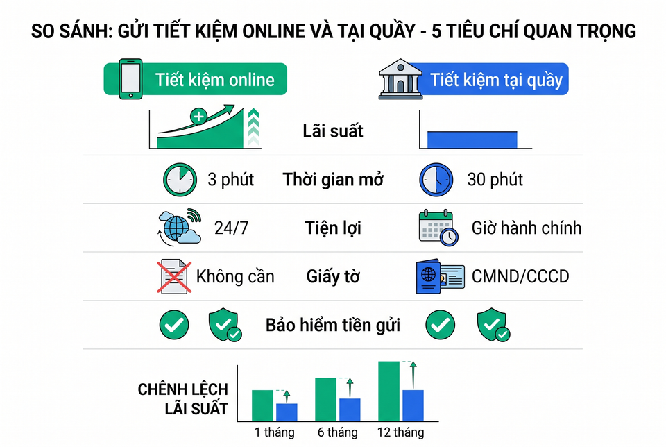 Infographic so sánh tiết kiệm online vs tại quầy - lãi suất, thời gian, tiện lợi