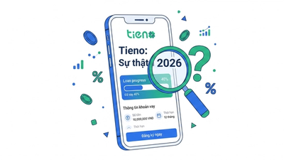 Minh hoạ điều tra sự thật về app vay Tieno năm 2026 với kính lúp soi vào màn hình điện thoại
