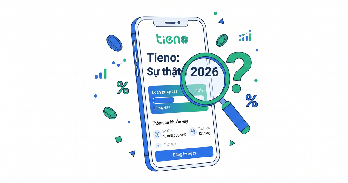 Minh hoạ điều tra sự thật về app vay Tieno năm 2026 với kính lúp soi vào màn hình điện thoại