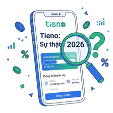 Minh hoạ điều tra sự thật về app vay Tieno năm 2026 với kính lúp soi vào màn hình điện thoại