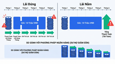 Sơ đồ so sánh lãi đứng và lãi nằm - cách tính gốc và lãi trong vay nóng tín dụng đen