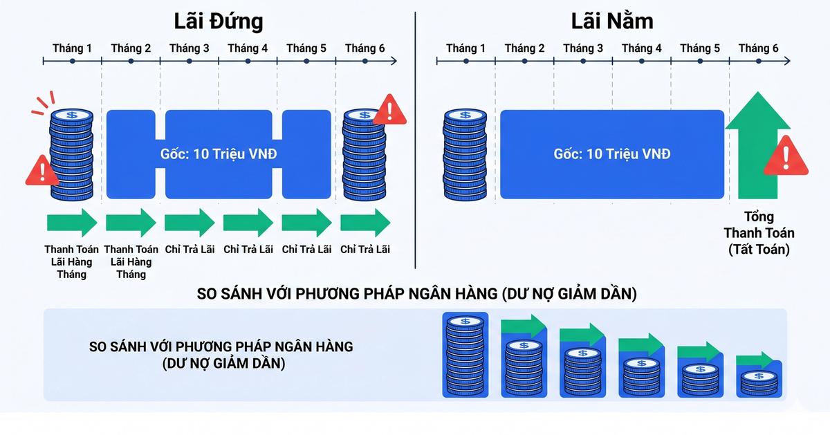 Sơ đồ so sánh lãi đứng và lãi nằm - cách tính gốc và lãi trong vay nóng tín dụng đen