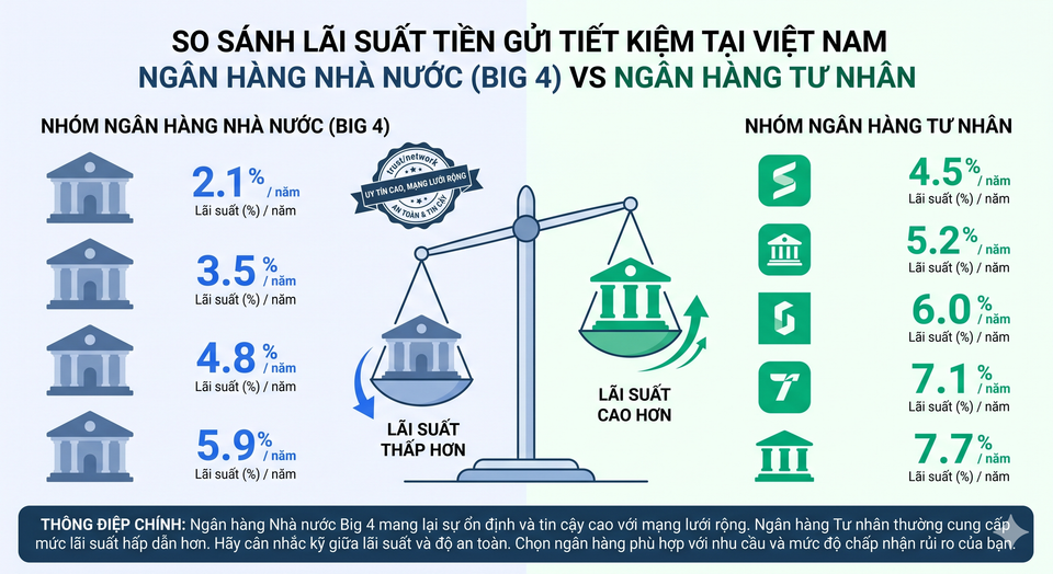 So sánh lãi suất tiết kiệm Big 4 và ngân hàng tư nhân tháng 6/2026