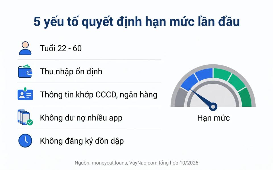 Các yếu tố quyết định hạn mức vay MoneyCat lần đầu: tuổi, thu nhập, thông tin, dư nợ app khác