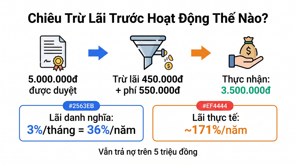 Infographic giải thích chiêu trừ lãi trước trong tín dụng đen - vay 5 triệu chỉ nhận 3.5 triệu
