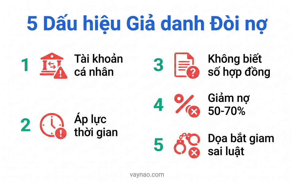 Infographic 5 dấu hiệu nhận biết kẻ giả danh đòi nợ lừa đảo giả mạo công ty tài chính