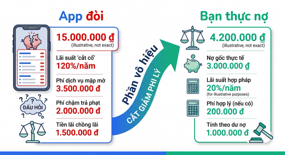 So sánh số tiền app đòi và số tiền thực sự phải trả theo luật khi vay app