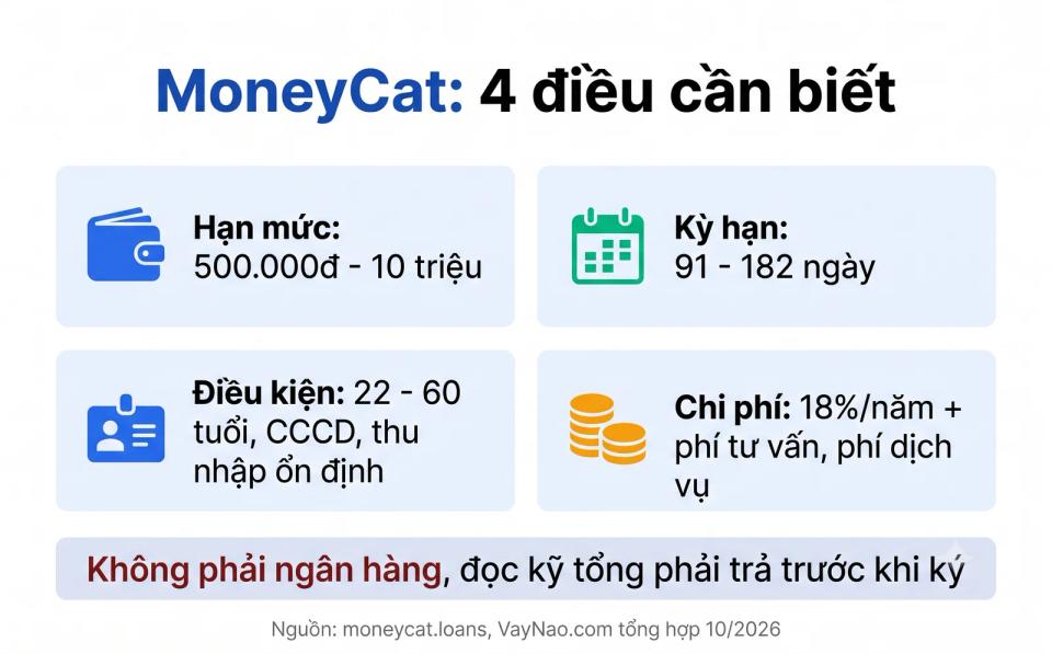 MoneyCat là gì - tóm tắt hạn mức, kỳ hạn, điều kiện và chi phí vay MoneyCat