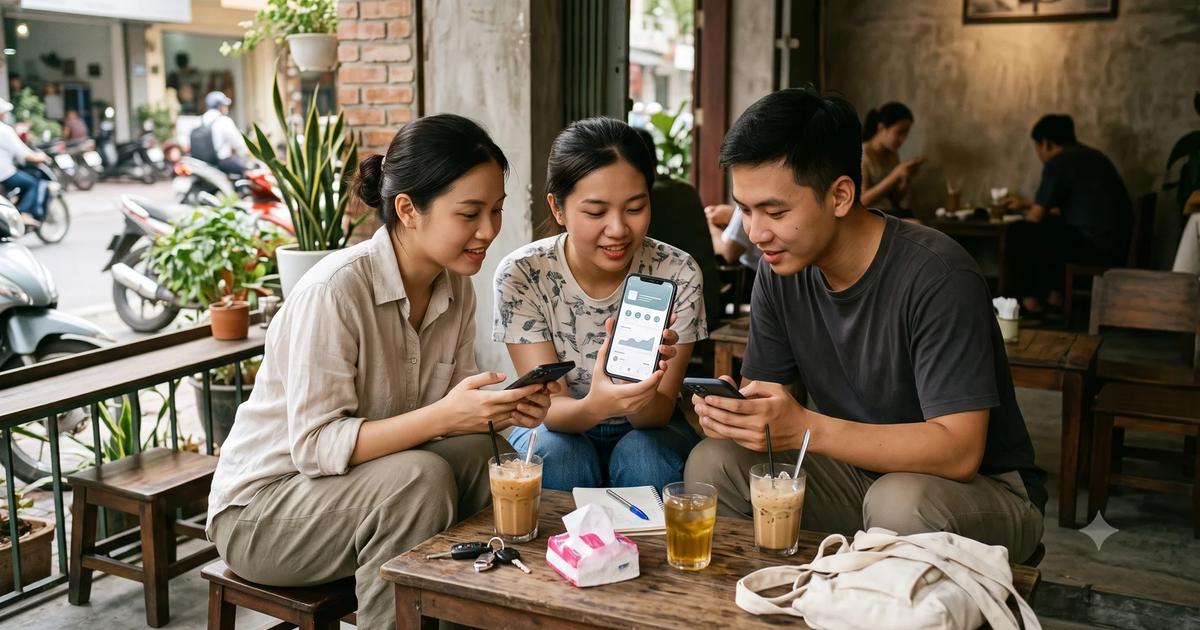 App vay cho người trẻ - nhóm bạn trẻ so sánh TNEX, Cake, Liobank trên điện thoại