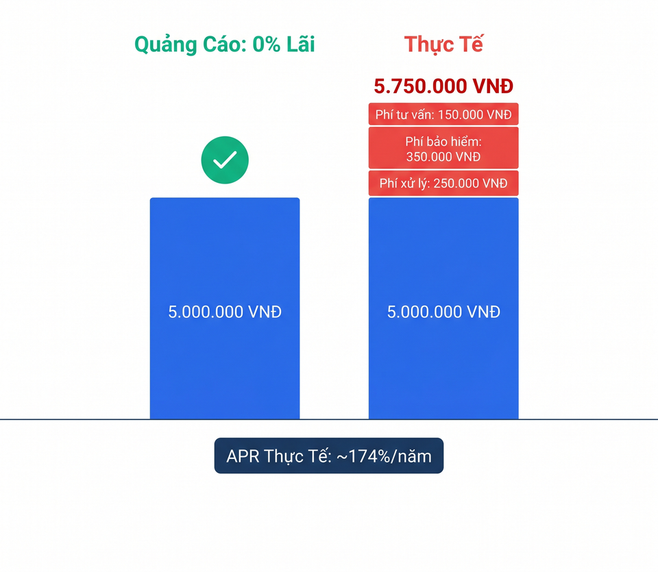 Infographic so sánh chi phí thực tế khi vay 5 triệu đồng với gói 0% lãi suất có phí ẩn
