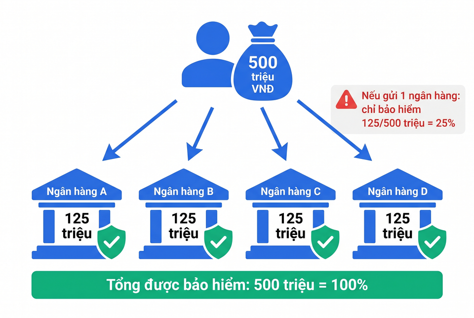 Cách chia tiền gửi 500 triệu vào 4 ngân hàng để được bảo hiểm toàn bộ