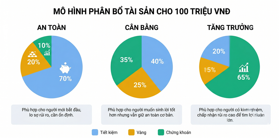 Mô hình phân bổ 100 triệu vào 3 kênh đầu tư 2026