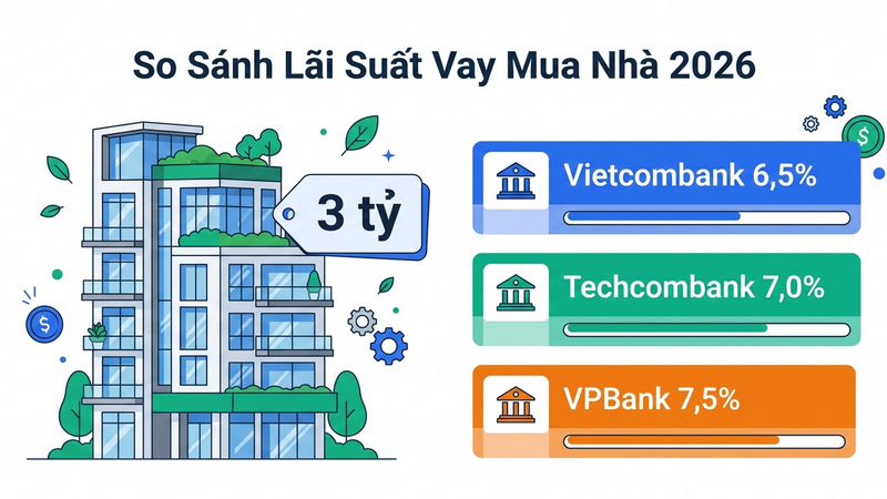 So sánh vay mua nhà tốt nhất 2026: Vietcombank, Techcombank, VPBank - lãi suất, LTV, hạn mức