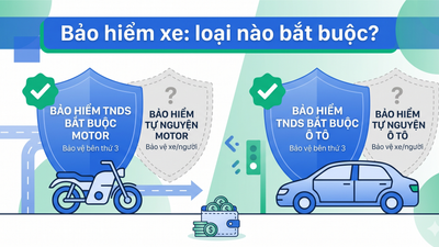 Bảo hiểm xe máy bắt buộc và ô tô - hình minh họa lá chắn bảo vệ xe theo quy định 2026