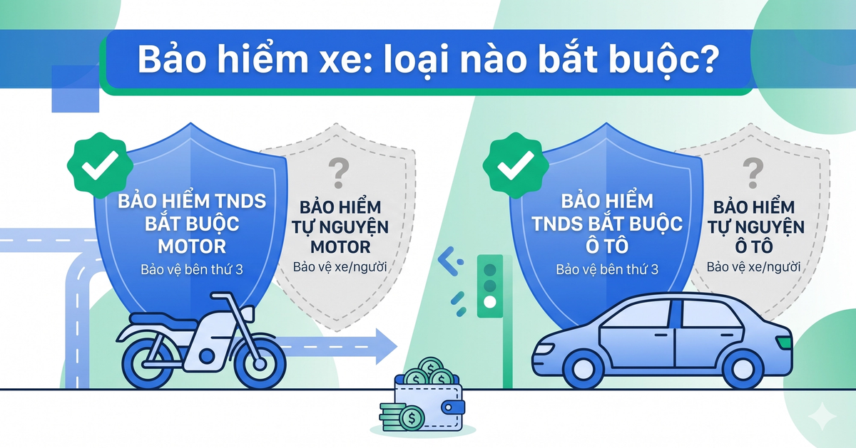 Bảo hiểm xe máy bắt buộc và ô tô - hình minh họa lá chắn bảo vệ xe theo quy định 2026