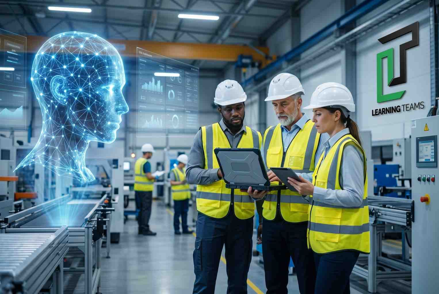 Engineers analyzing data with AI technology