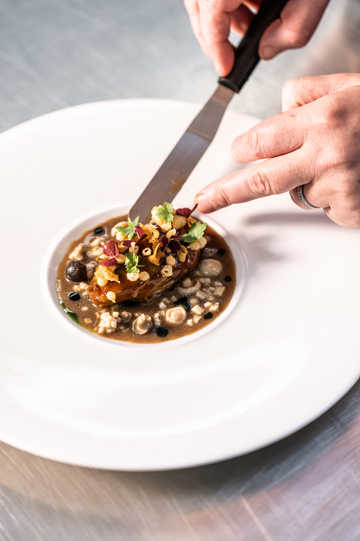 "ROAST" QUAIL WITH FOREST MUSHROOM, PICKLE, WILD GARLIC & SAICHO HOJICHA