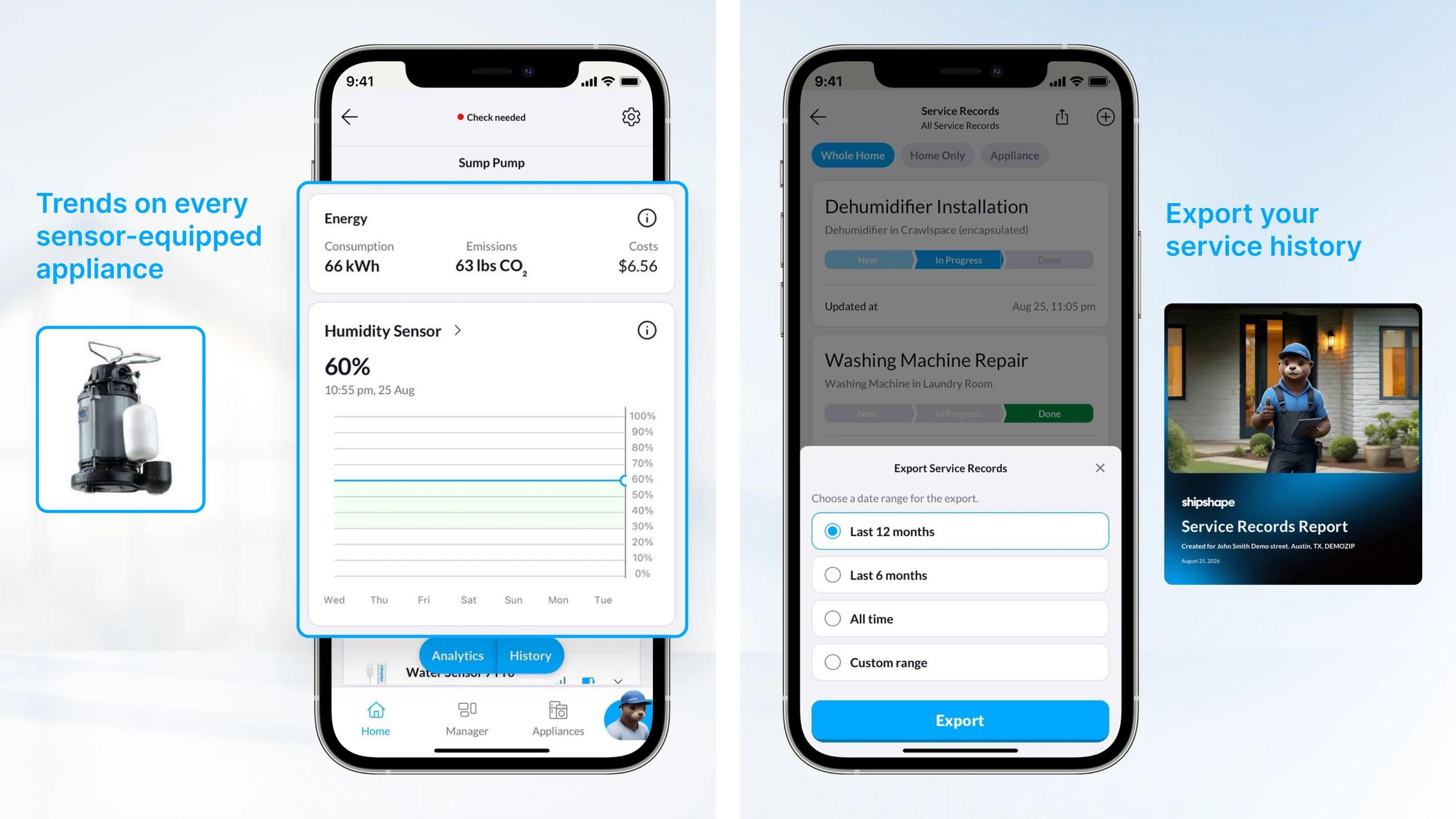 Two phones: a sump pump analytics page with a seven-day humidity chart, and the Service Records screen with the export sheet open next to a Service Records Report cover