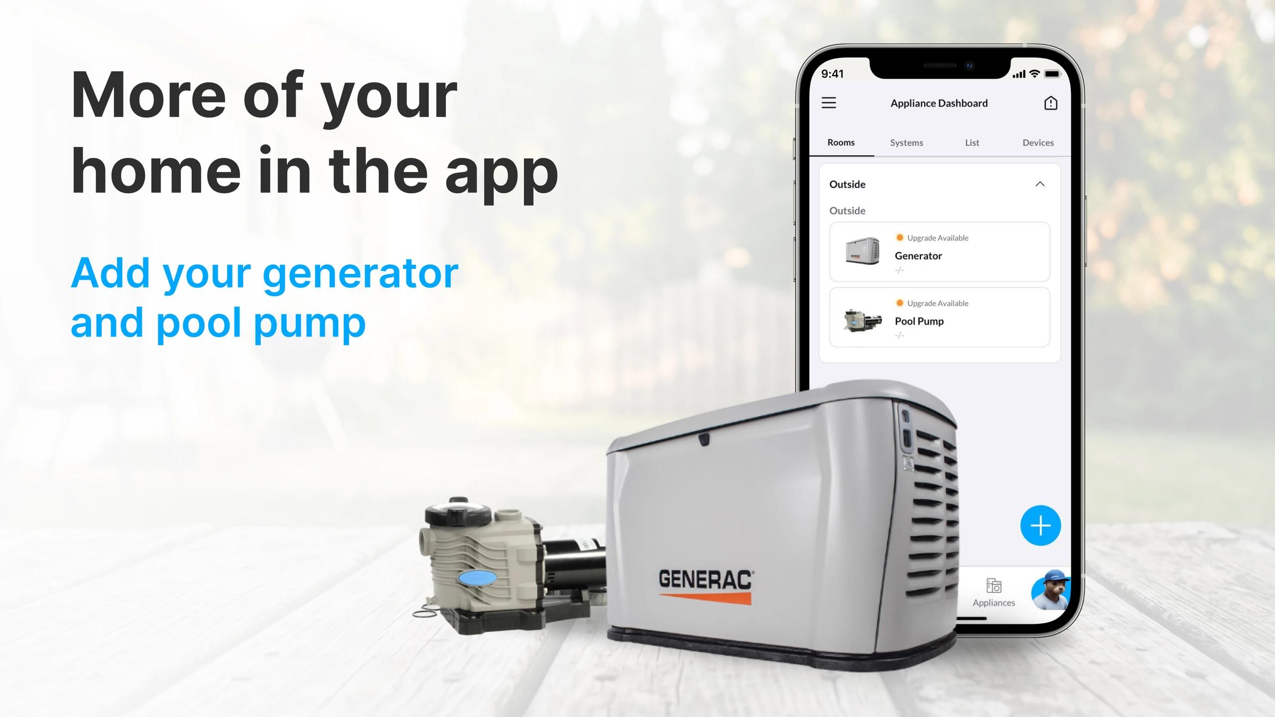 A generator and a pool pump next to a phone showing both as new appliances in the Appliance Dashboard