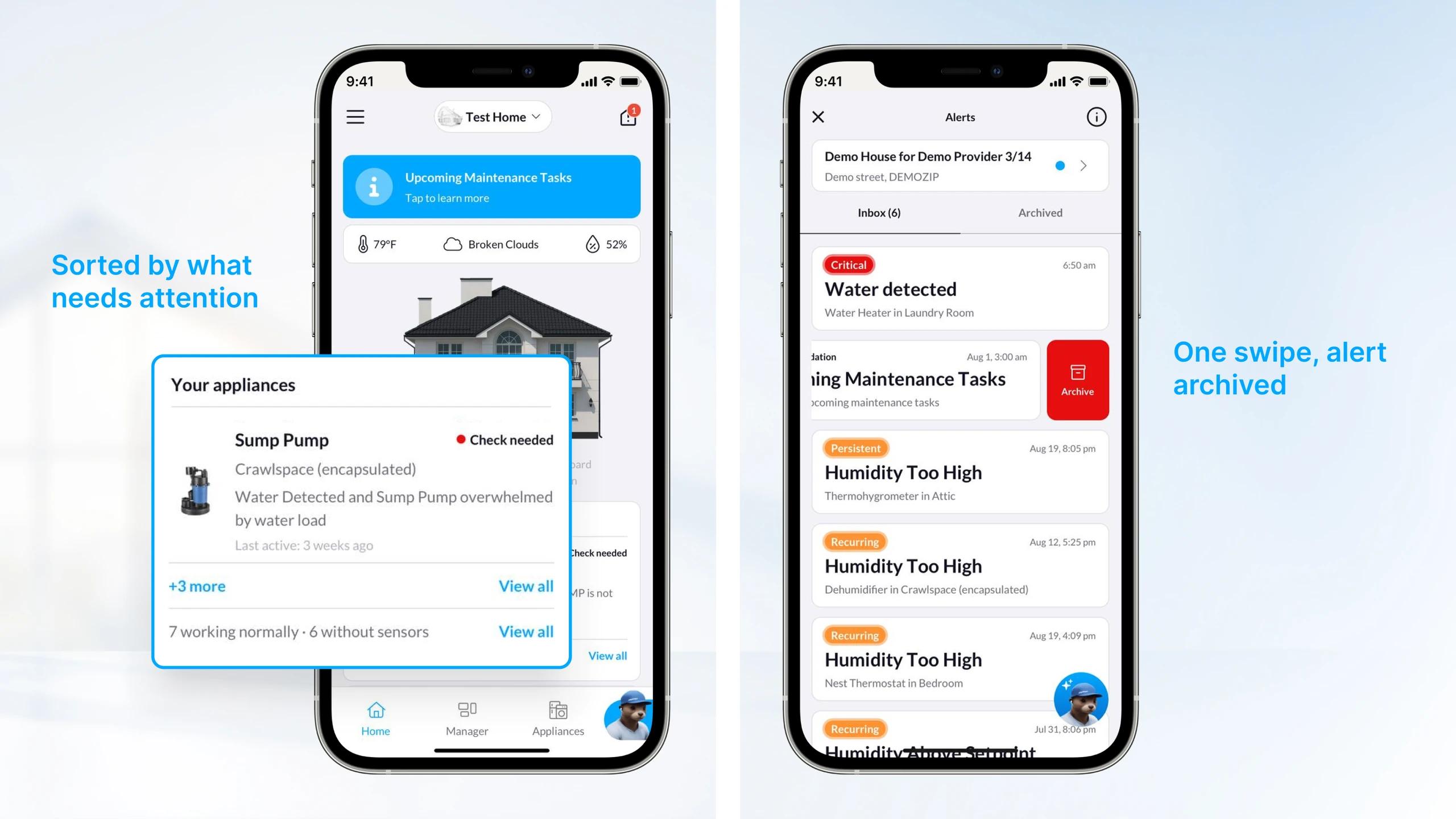 Two phones: the home screen with a Sump Pump card marked Check needed at the top of the appliance list, and the alerts list with one alert swiped to reveal Archive