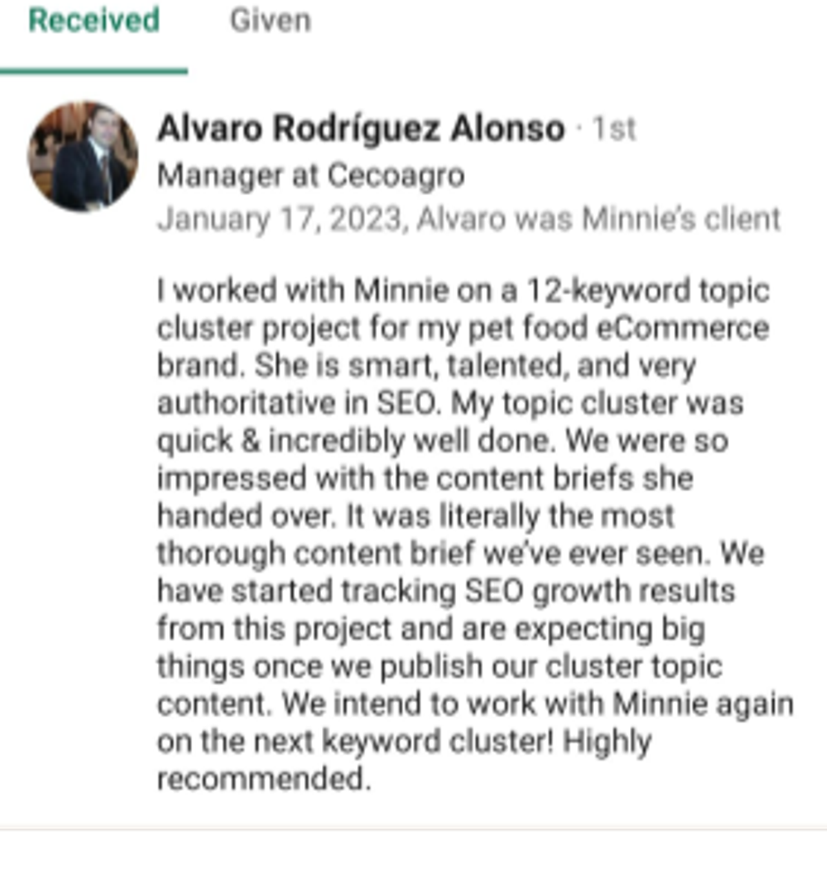 Screenshot of the client feedback about the content strategy