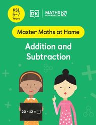 Master Maths at Home - Math — No Problem! Addition and Subtraction cover with two primary grade 2 mathematicians. One child is holding a card with an equation 20 - 12 = ?