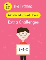 Master Maths at Home - Math — No Problem! Extra Challenges cover with a primary grade 4 mathematician holding a card with an equation one and two fifths - three fifths = ?