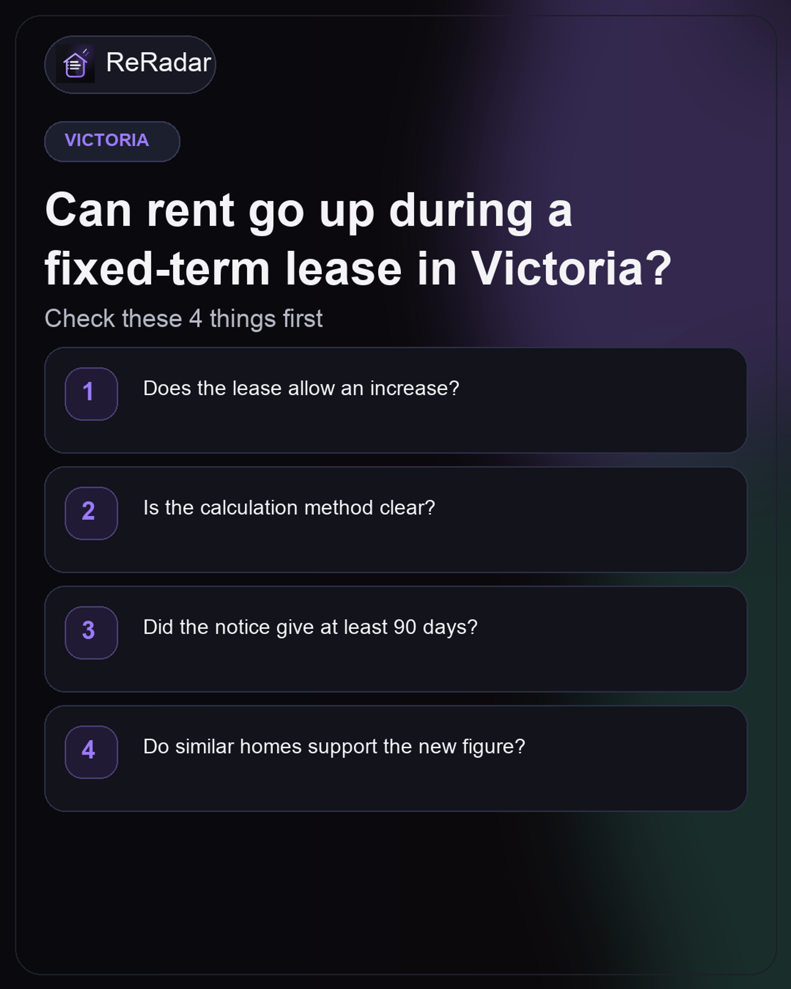 Checklist summarising the main fixed-term rent increase checks for Victorian renters.