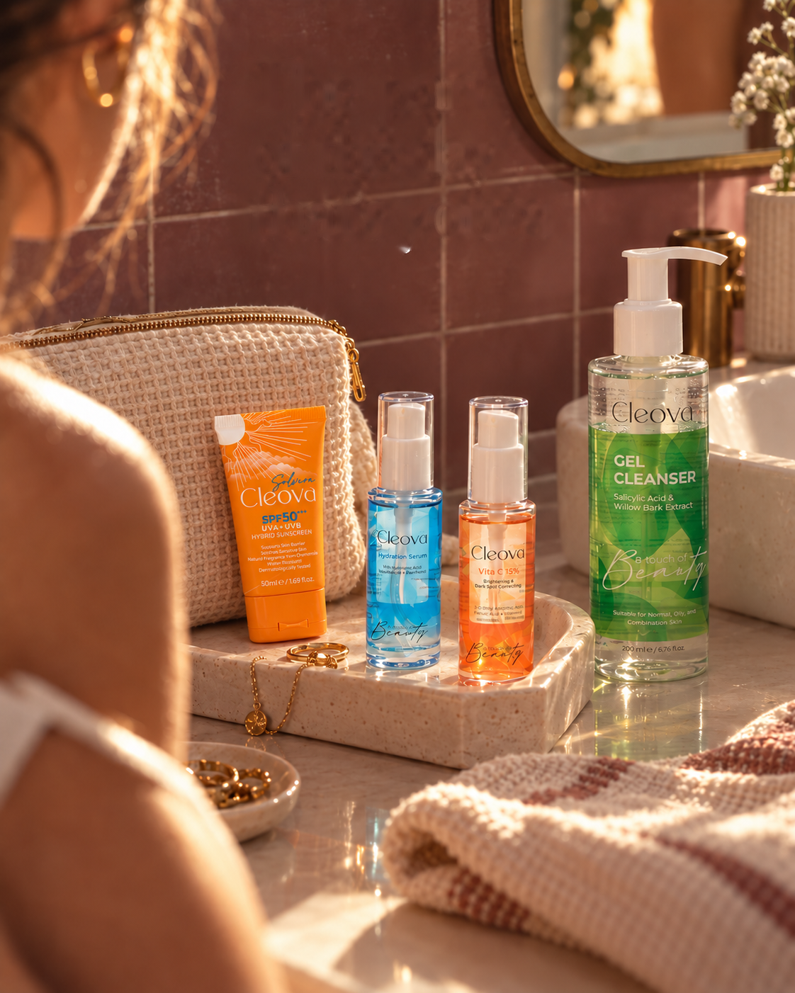 The Cleova collection on a vanity counter