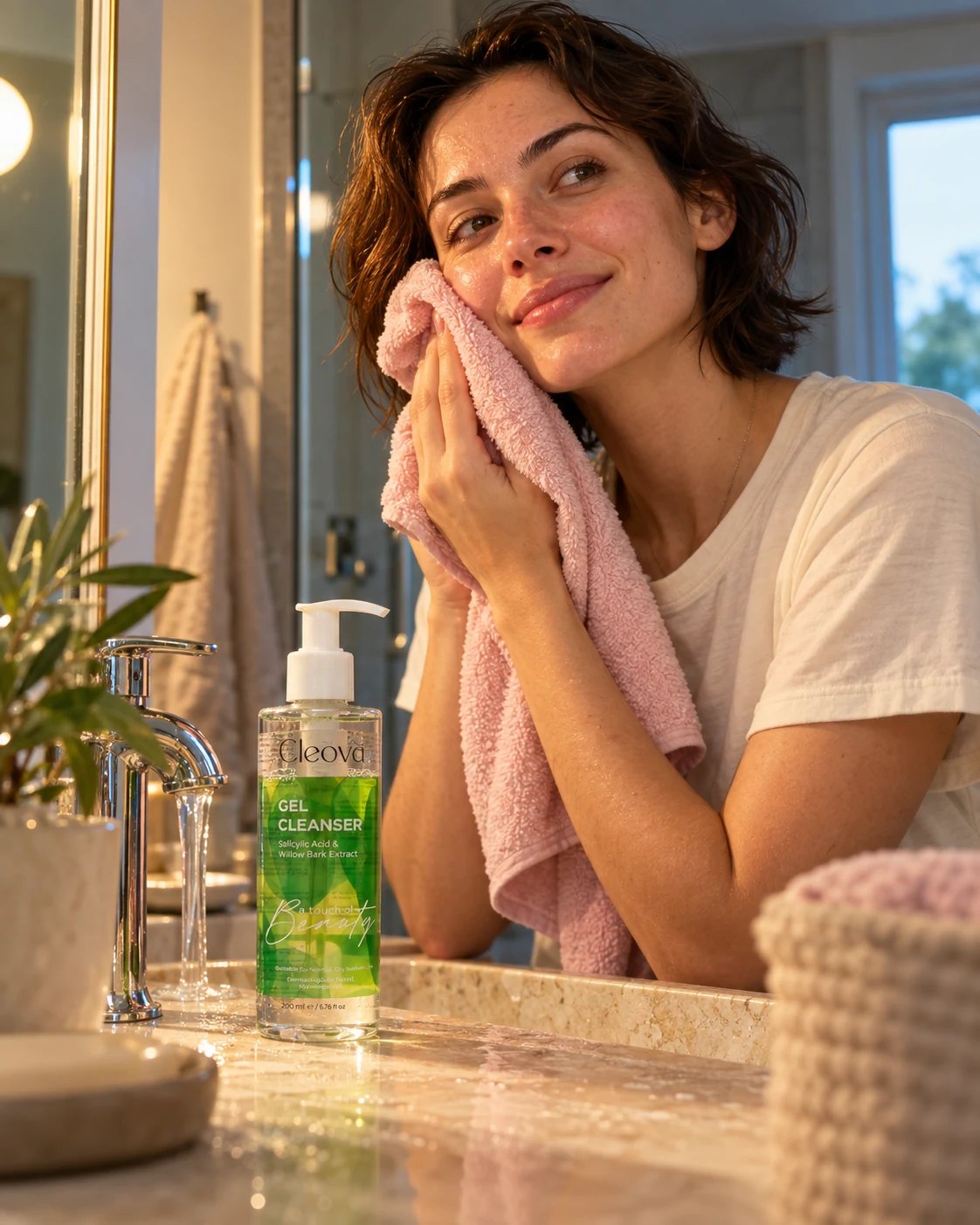 A woman drying her face, with Cleova Gel Cleanser