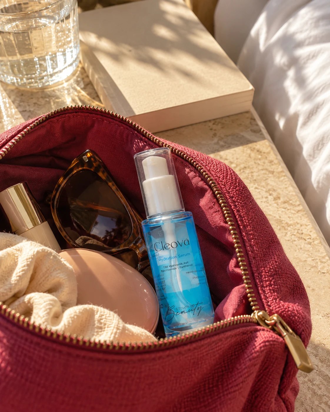 Cleova Deep Hydration serum in a burgundy pouch