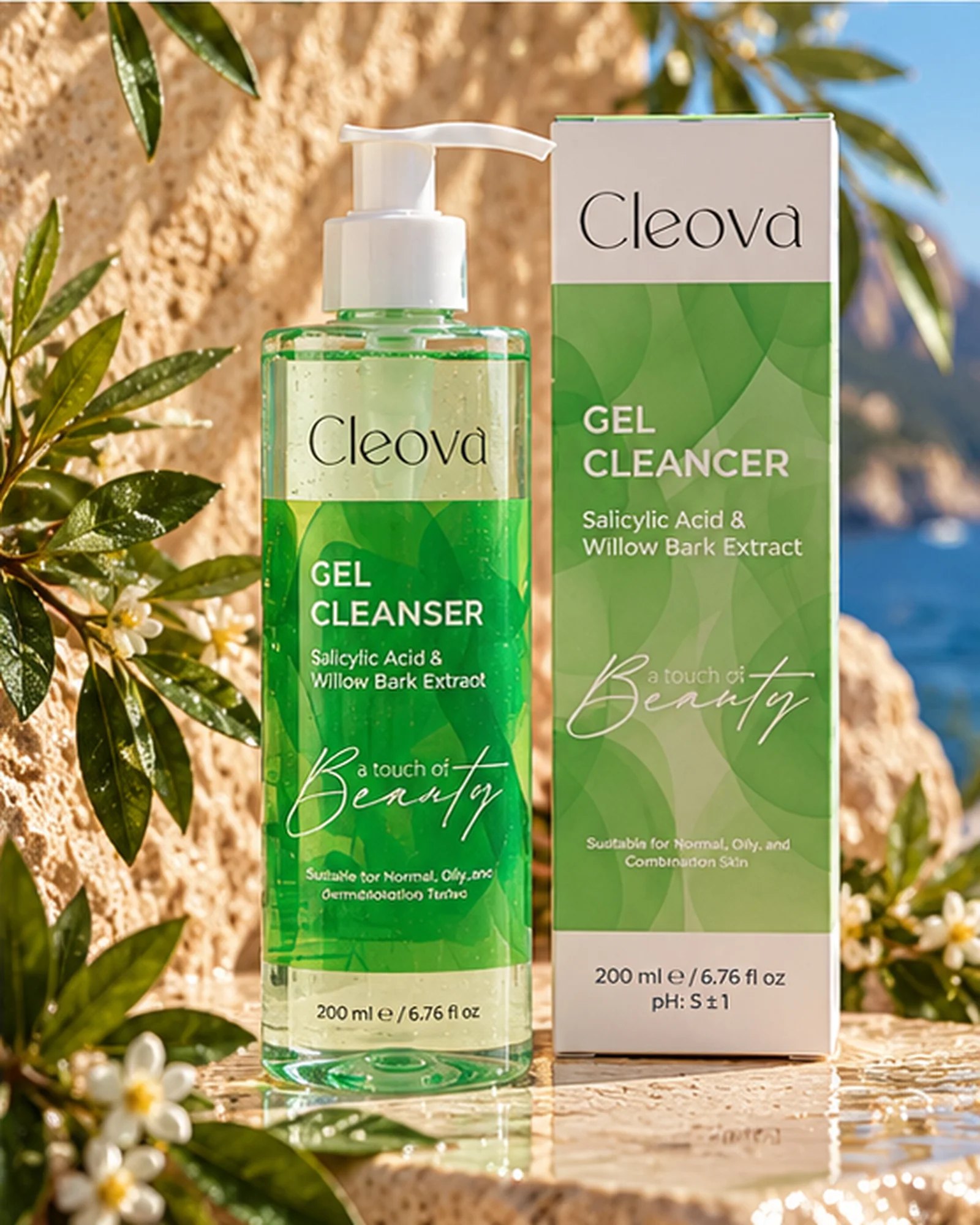 Cleova Gel Cleanser bottle and box on stone among green leaves