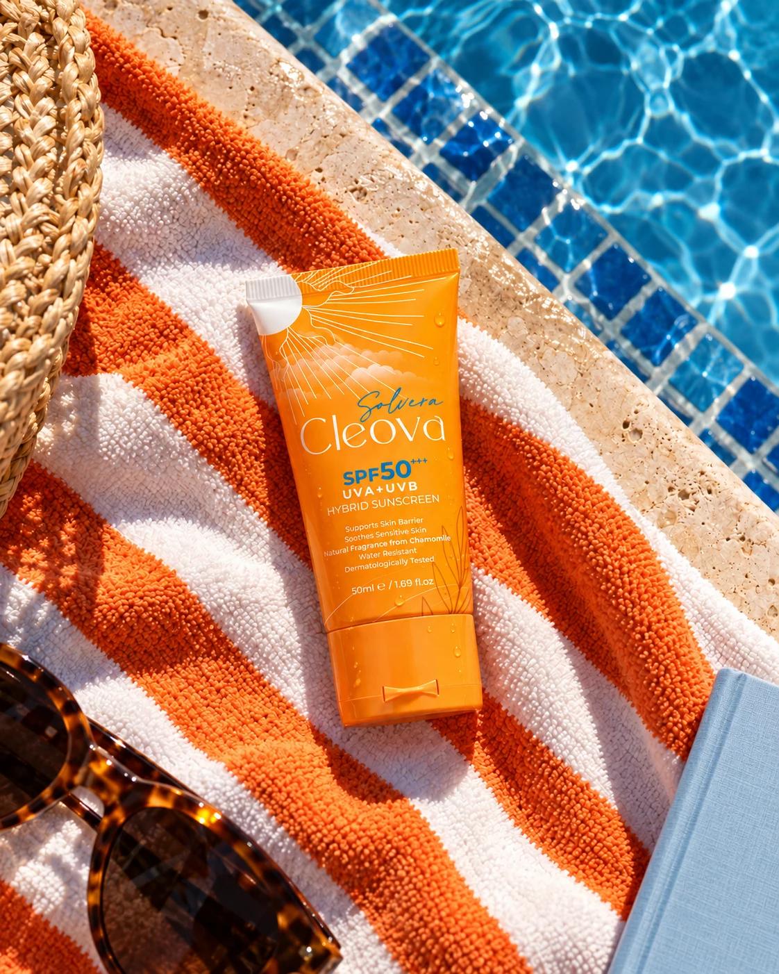 Cleova Solvera SPF 50+ on a striped towel by the pool