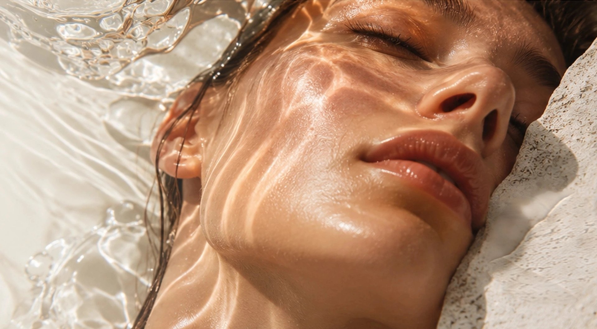 Skin portrait in natural light among water reflections