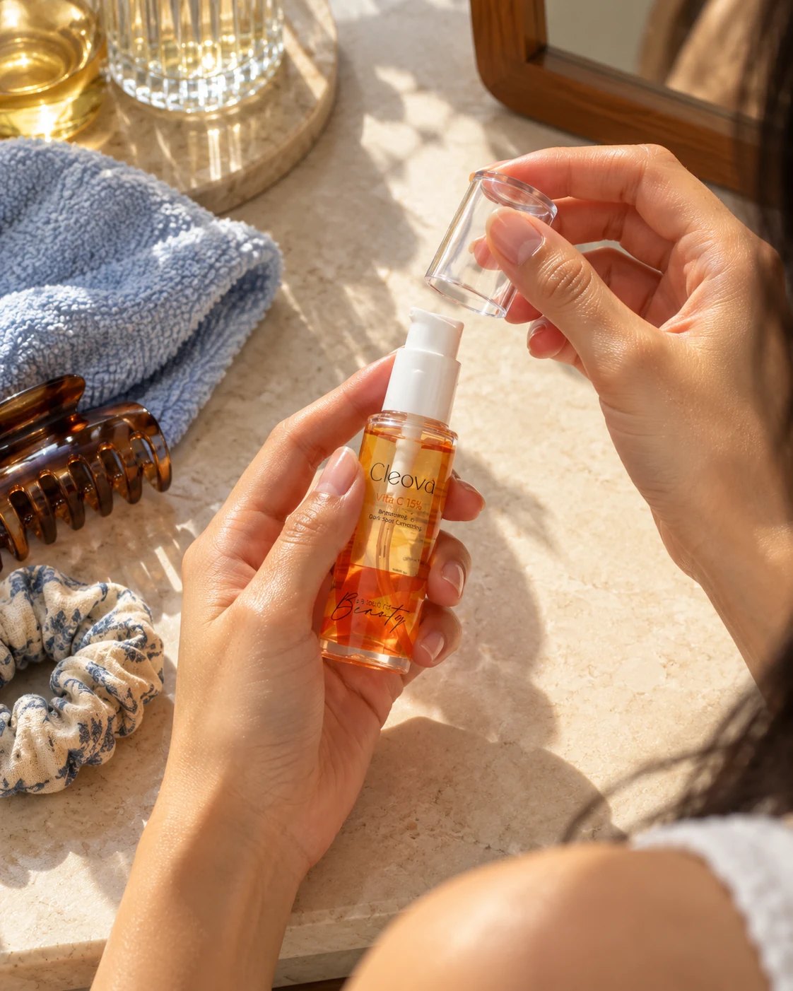 Hands opening the Cleova Vita C 15% serum