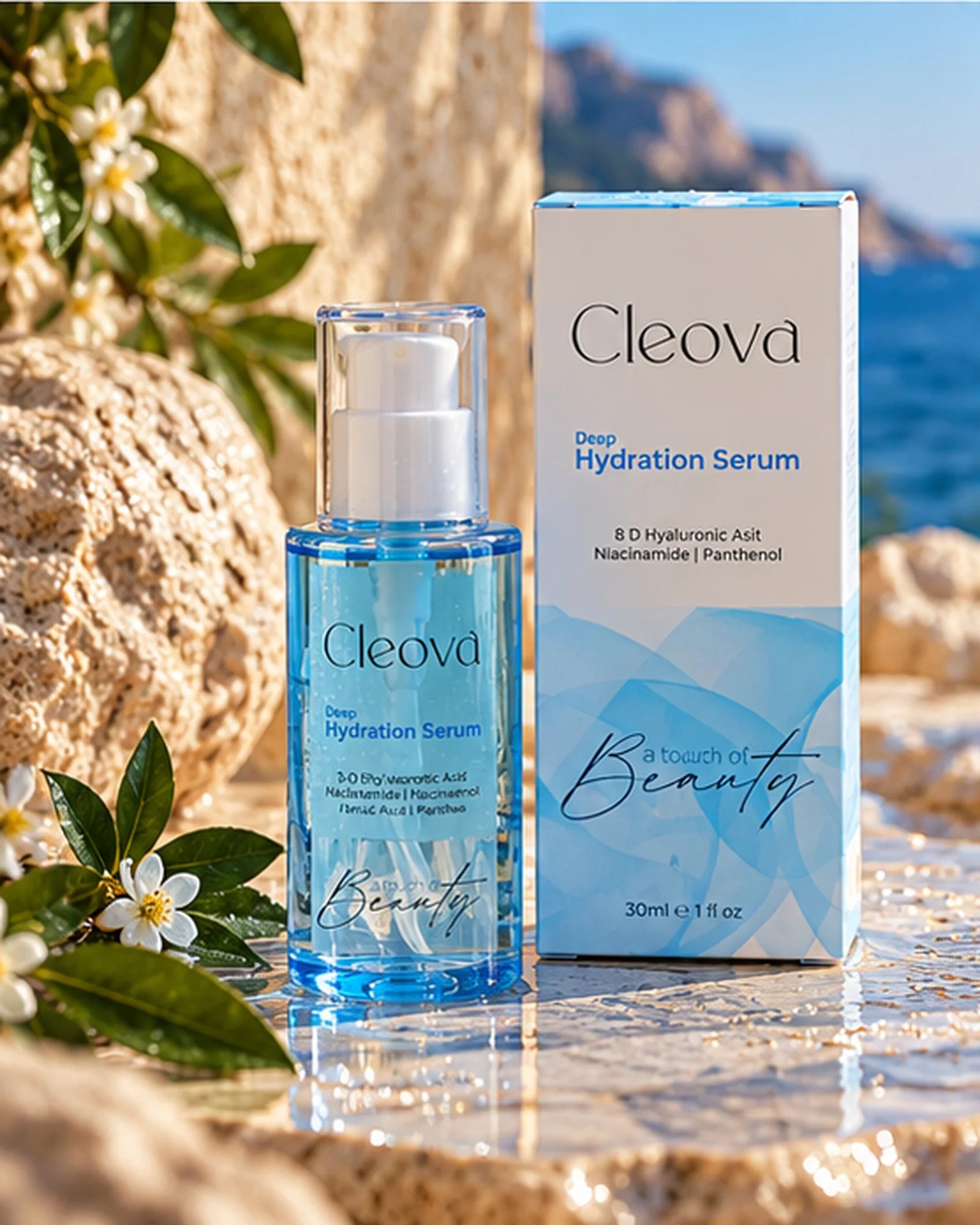 Cleova Deep Hydration serum and box on stone with the sea behind
