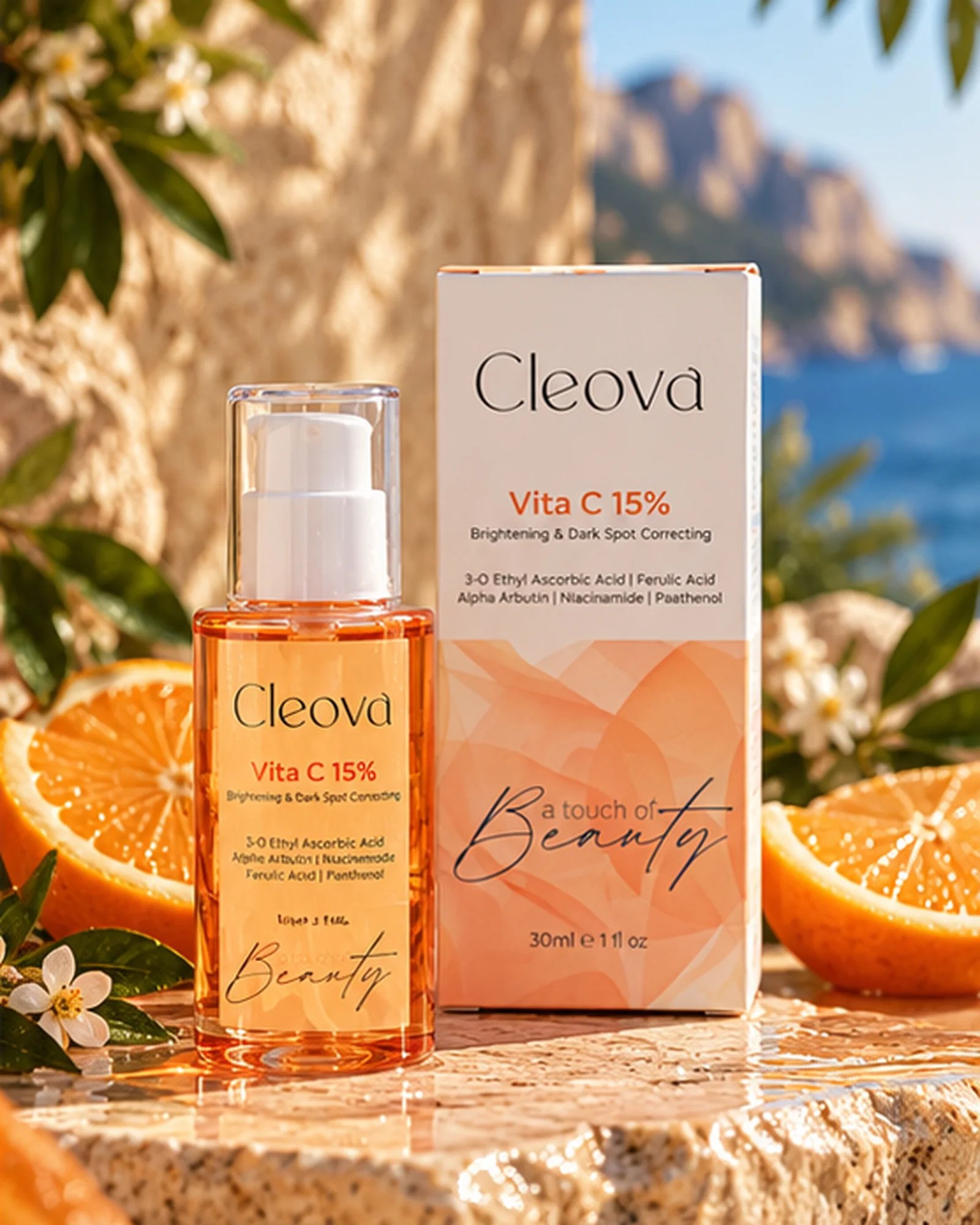 Cleova Vita C 15% serum and box on stone beside orange slices