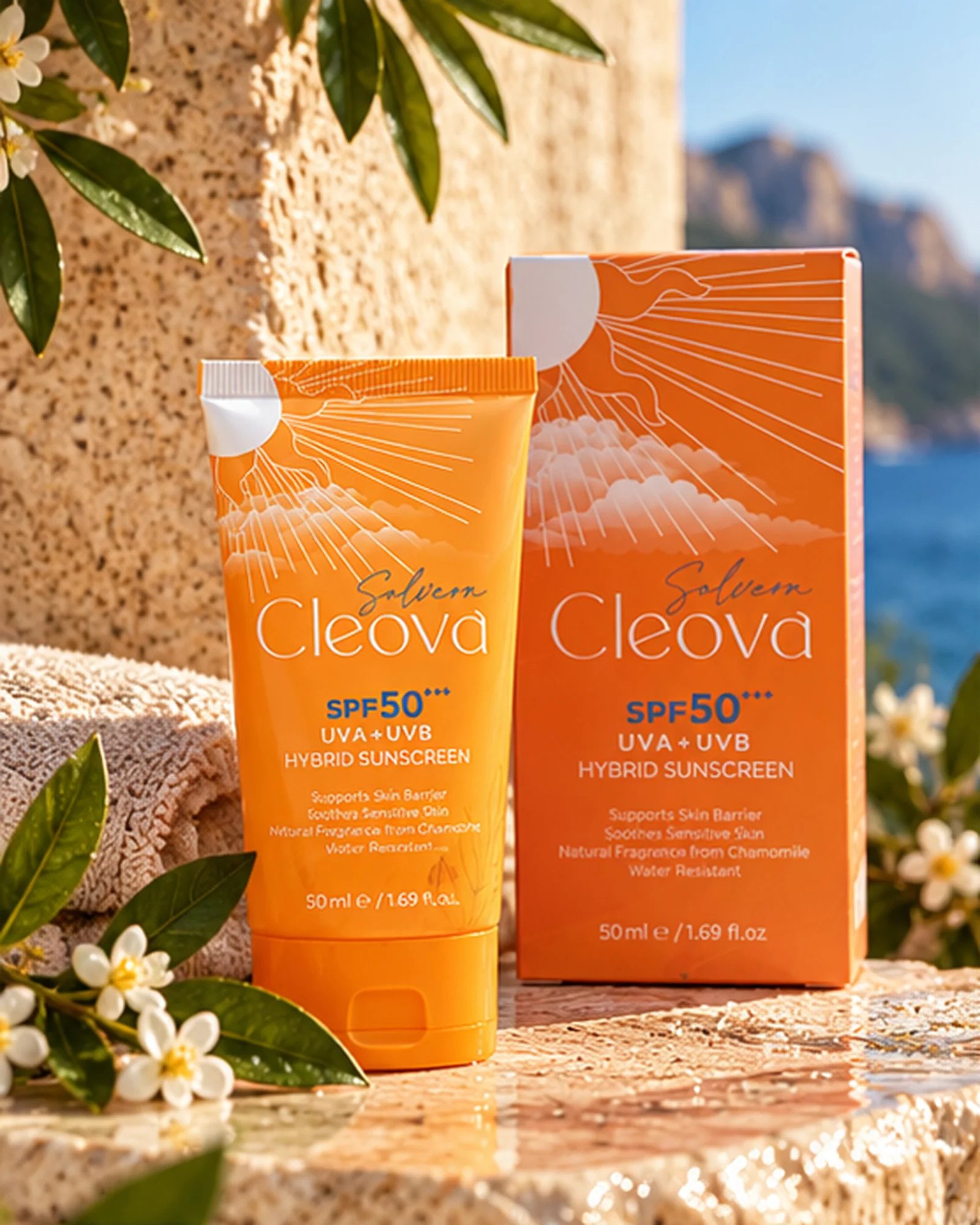 Cleova Solvera SPF 50+ tube and box on stone beside orange slices