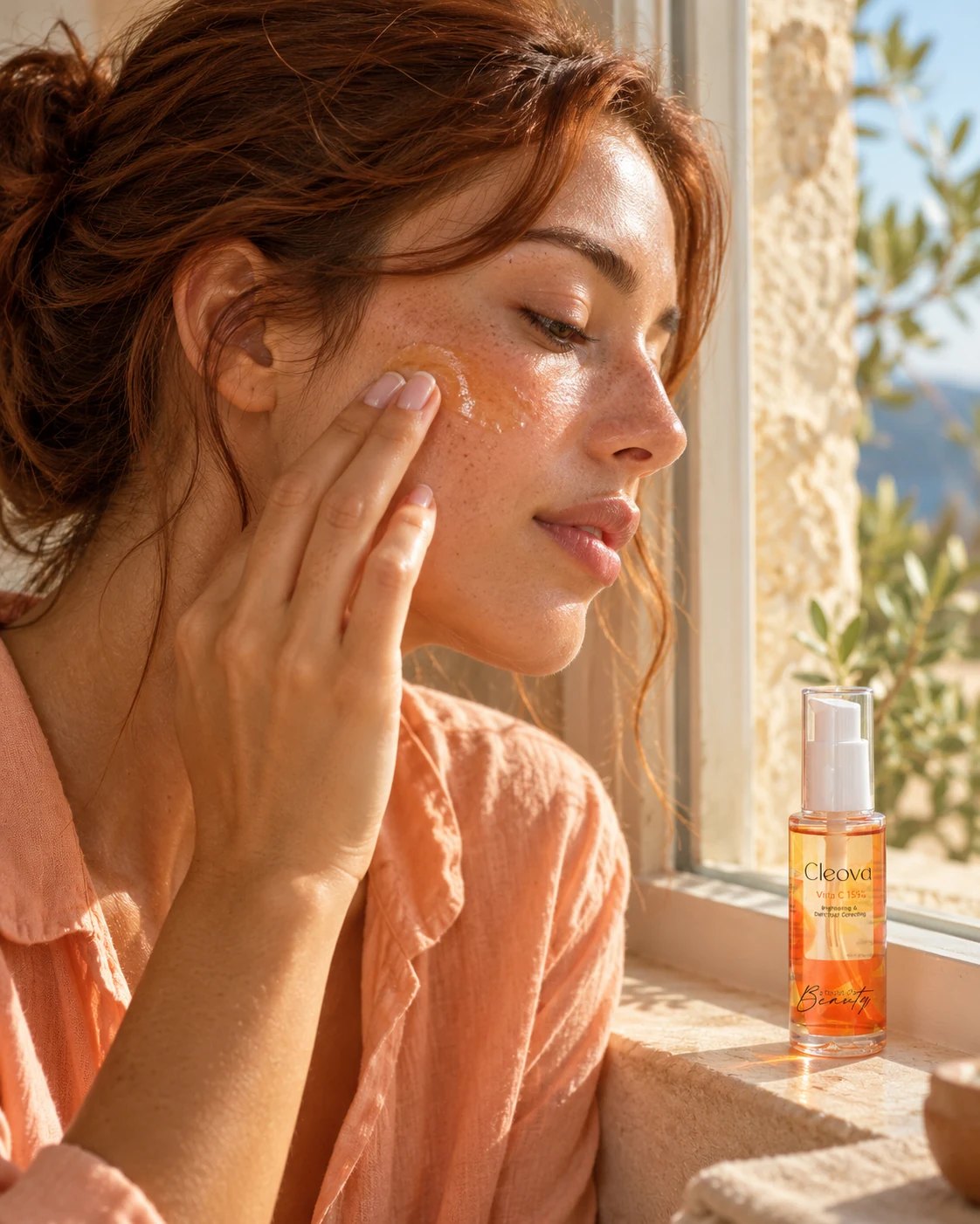 A woman applying serum in daylight