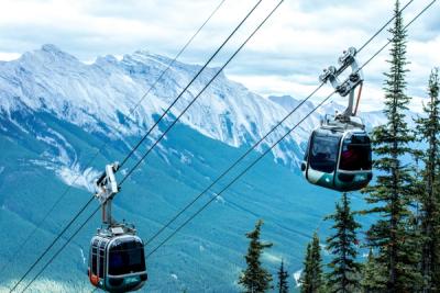Banff gondola with mountains in the background
