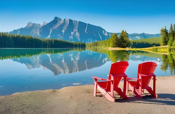 Chaises Adirondack rouges face à la montagne