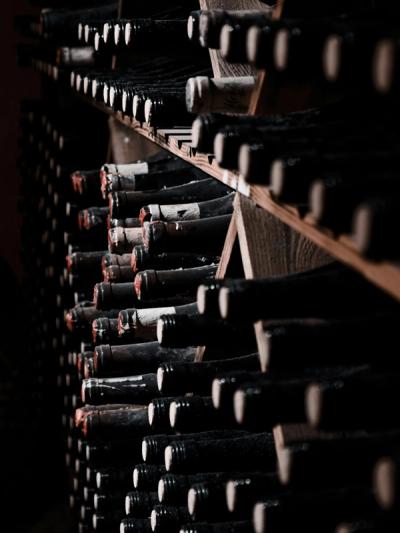 Wine bottles in a wooden wine rack