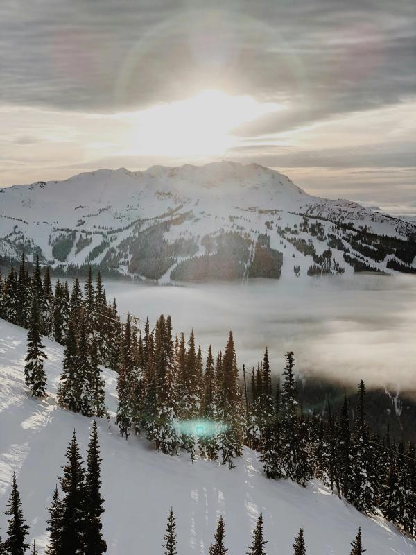 View of Whistler's snowy ski runs from Blackcomb