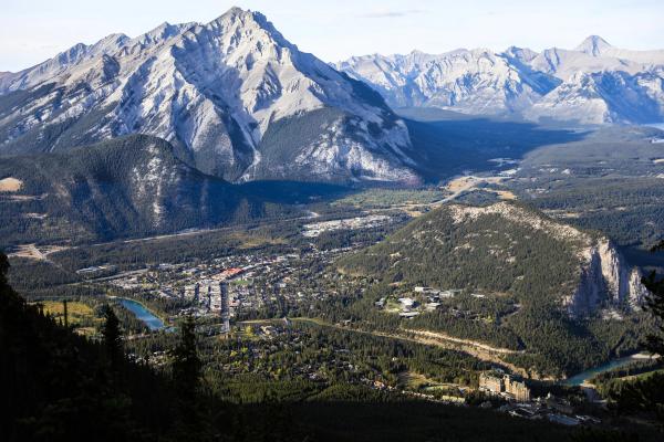 Aerial view of Banff and Mountains