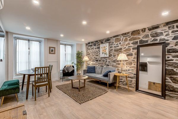 Salon avec mur en pierres apparentes