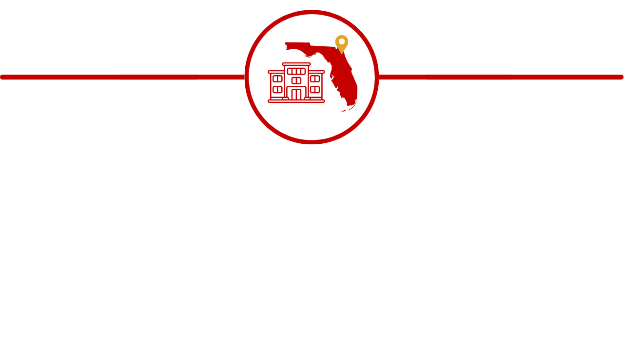 Red icon of the state of Florida with a location pin above a building, representing Firehouse Subs' Discovery Day at their Jacksonville, FL support center.